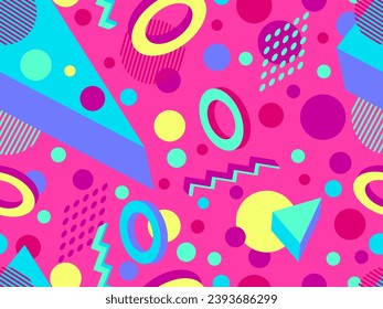 3D geometric seamless pattern in 80s style. 3d isometric triangles, zigzags and circles. Geometric memphis style. Design for promotional products, wrapping paper and printing. Vector illustration
