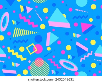 3D geometric seamless pattern in 80s style. 3d isometric triangles, zigzags and circles. Geometric memphis style. Design for promotional products, wrapping paper and printing. Vector illustration