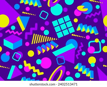 3D geometric seamless pattern in 80s style. 3d isometric triangles, zigzags and circles. Geometric memphis style. Design for promotional products, wrapping paper and printing. Vector illustration