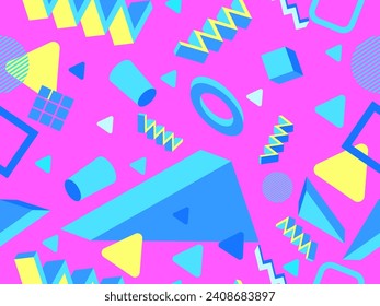 3D geometric seamless pattern in 80s style. 3d isometric triangles, zigzags and circles. Geometric memphis style. Design for promotional products, wrapping paper and printing. Vector illustration