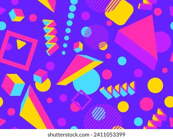 3D geometric seamless pattern in 80s style. 3d isometric triangles, zigzags and circles. Geometric memphis style. Design for promotional products, wrapping paper and printing. Vector illustration