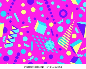 3D geometric seamless pattern in 80s style. 3d isometric triangles, zigzags and circles. Geometric memphis style. Design for promotional products, wrapping paper and printing. Vector illustration