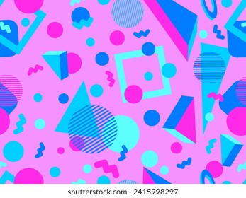 3D geometric seamless pattern in 80s style. 3d isometric triangles, zigzags and circles. Geometric memphis style. Design for promotional products, wrapping paper and printing. Vector illustration