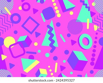 3D geometric seamless pattern in 80s style. 3d isometric triangles, zigzags and circles. Geometric memphis style. Design for promotional products, wrapping paper and printing. Vector illustration