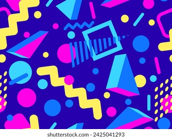 3D geometric seamless pattern in 80s style. 3d isometric triangles, zigzags and circles. Geometric memphis style. Design for promotional products, wrapping paper and printing. Vector illustration