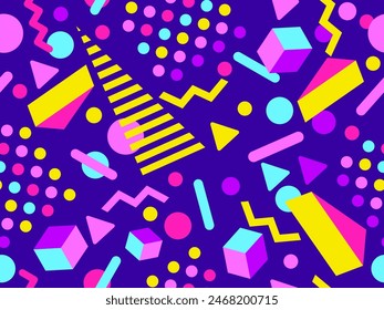 3D geometric seamless pattern in 80s style. 3d isometric triangles, zig zags and circles. Geometric memphis style. Design for promotional products, wrapping paper and printing. Vector illustration