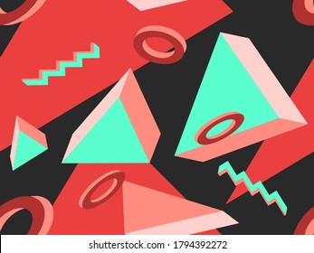 3d geometric seamless pattern in style of the 80s. 3d isometric triangles, squares and circles. Background for promotional products, wrapping paper and printing. Vector illustration