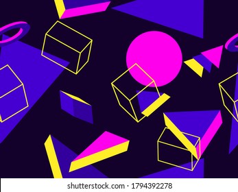 3D geometrisches nahtloses Muster im Stil der 80er Jahre. 3d isometrische Dreiecke, Quadrate und Kreise. Hintergrund für Werbeprodukte, Verpackungspapier und Druck. Vektorgrafik