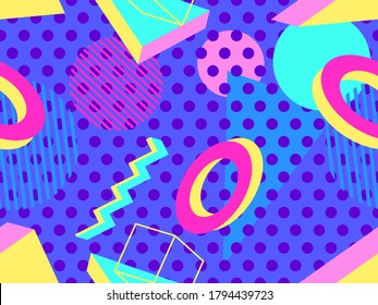 3d geometric seamless pattern in style of the 80s. 3d isometric triangles, squares and circles. Background for promotional products, wrapping paper and printing. Vector illustration