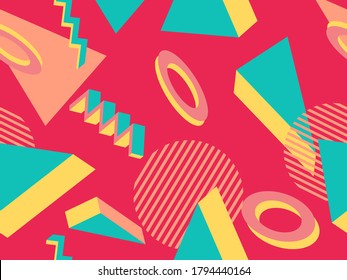 3d geometric seamless pattern in style of the 80s. 3d isometric triangles, squares and circles. Background for promotional products, wrapping paper and printing. Vector illustration