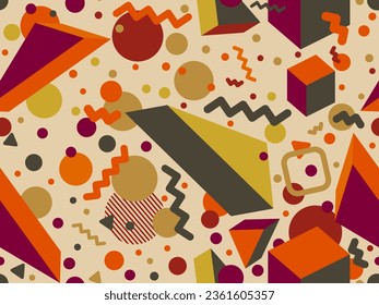 3d geometric seamless pattern in style of the 80s. 3d isometric triangles, squares and circles. Autumn color palette. Background for promotional product, wrapping paper and print. Vector illustration