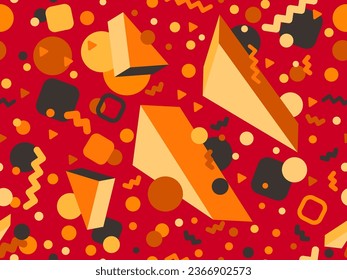 3d geometric seamless pattern in style of the 80s. 3d isometric triangles, squares and circles. Autumn color palette. Background for promotional product, wrapping paper and print. Vector illustration