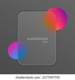 3d geometric shape with glassmorphism effect plate in the center. Transparent matte glass screen mockup. Pink blue red purple sphere shapes. Trendy effect of frosted glass. Smartphine application UI.