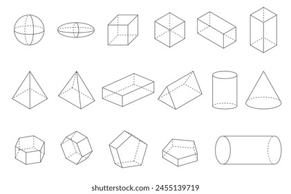 3d Geometric shape lines sphere, ellipsoid, square, rectangle, pyramid, cylinder, pentagon, hexagon and prism