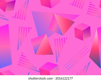 3d geometric shape seamless pattern in 80s style. Red gradient color. Isometric three-dimensional geometric shapes for printing on paper, promotional materials and fabrics. Vector illustration