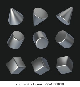 3d geometric shape set. Realistic silver geometric shapes isolated on black background. Vector illustration.
