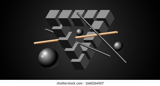 3D geometric shapes. Abstract background with realistic cubes and balls. Vector illustration. Black horizontal banner. Design for postcards, brochures, covers, booklets, wallpapers. Stock.