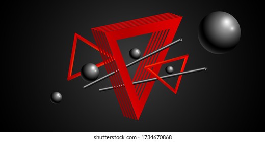 3D geometric shapes. Abstract background with realistic triangles and balls. Vector illustration. Black horizontal banner. Design for brochure, cover, booklet, wallpaper, business, website. Stock.