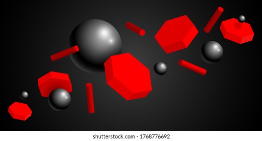 3D geometric shapes. Abstract background with poligons, tubes and balls. Vector illustration in realistic style. Black horizontal banner.
