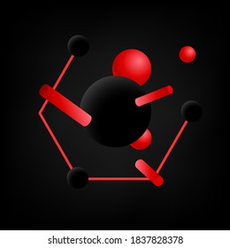 3D geometric shapes. Abstract black background with realistic red balls and geometric objects. Vector illustration. Science banner. Molecular structure. Modern design poster, cover, wallpaper.
