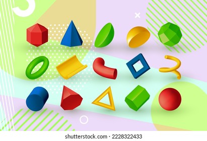 Formas geométricas 3D. Representación abstracta de la figura. Volando íconos juguetones. Objetos minimalistas. Elementos volumétricos. Composición de formas poligonales. Fondo colorido. Conjunto exacto aislado de vectores