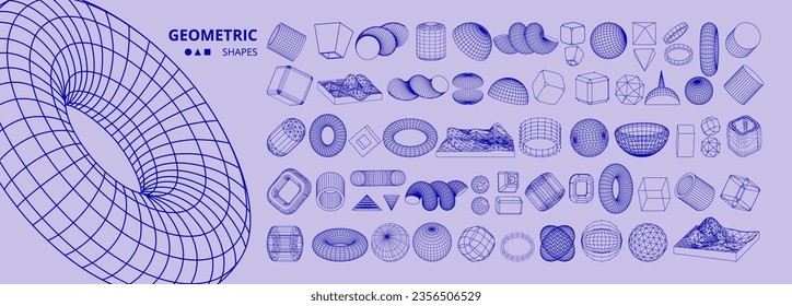 3d geometric shapes. Abstract wireframe, circle grid, sphere tech elements with dynamic effects. Distortion and transformation graphic elements. Vector geometry exact minimal contour set