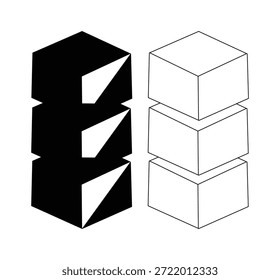 Formas geométricas 3D con cubos en blanco y negro apilados verticalmente sobre un fondo blanco limpio para conceptos de diseño y arquitectura con gráficos y abstractos y modernos