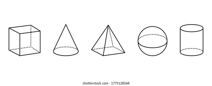 3D geometric shapes. Cube, pyramid, sphere, cylinder, cone, isolated on white background. Set Outline objects. Vector illustration.