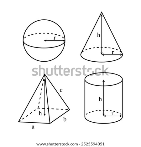 3D Geometric Shapes Edges Illustration with Radius and Height, Side Dimensions for Formula and Calculations