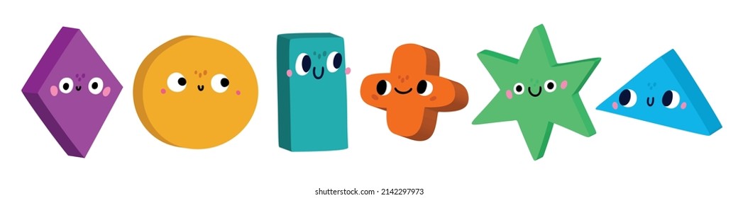 3D geometric shapes emotions. Basic cute draw figures. Cartoon educational smiling characters. Isolated abstract squares and rounds with funny faces. Vector happy