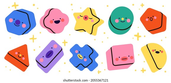 3d geometric shapes emotions. Cute basic figures with funny faces, square triangle and circle forms, kids creative educational elements bright colors, cartoon characters vector isolated set