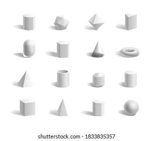 3d geometric shapes and figures with shadows on white background. Sphere, tube, cone, cube, pyramids, hexagon and pentagon set. Vector illustration