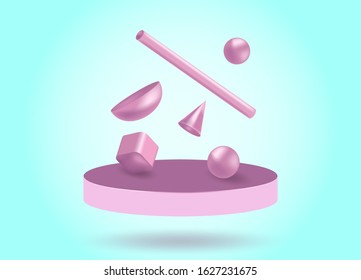 3d geometric shapes fly in the air. Vector trendy abstract color background, 3d geometric background representation