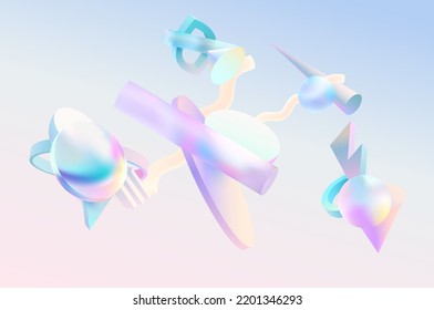 Formas geométricas 3D en el estilo morfismo de vidrio. Imagen de vector abstracta minimalista.
