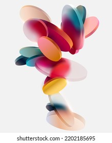 3D geometric shapes in the glass morphism style. Multicolored translucent circles and cylinders. Abstract vector design elements.