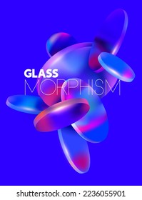 3D geometric shapes in glass morphism style. Colored translucent circles and cylinders. Abstract vector design elements.