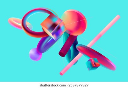 3D geometric shapes in glass morphism style. Abstract vector composition.