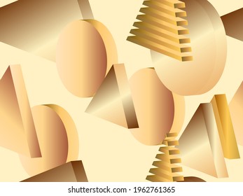 3D geometric shapes with golden gradient. Seamless background with isometric 3d shapes. Triangles and circles. Background for advertising products and banners. Vector illustration