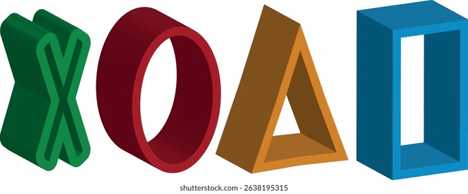 3D Geometric Shapes with Hollow Centers X, O, Δ, I