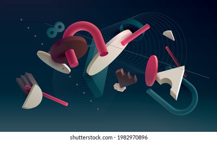 3D geometric shapes on dark background. Realistic vector design. Abstract graphic composition.