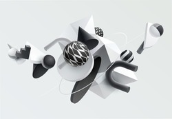 3D Geometric Shapes. Realistic Vector Design. Abstract Monochrome Minimalistic Composition.