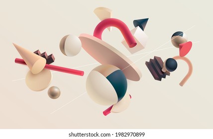 3D Geometric Shapes. Realistic Vector Design. Abstract Colored Minimalistic Composition.