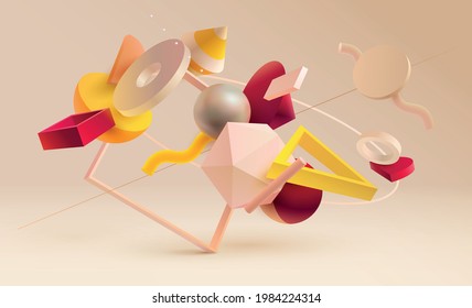 3D geometric shapes. Realistic vector design. Abstract graphic composition.