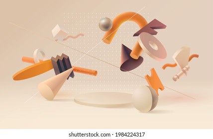 3D Geometric Shapes. Realistic Vector Design. Abstract Colored Minimalistic Composition.