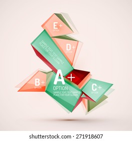 3d geometric shapes with sample text. Abstract template with place for text or infographic options. Triangles, squares, cubes, rectangles in glossy style. Vector illustration.