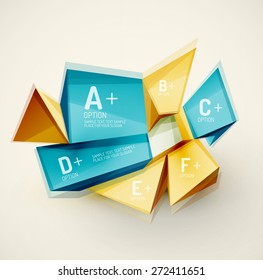 3d geometric shapes with sample text. Abstract template with place for text or infographic options. Triangles, squares, cubes, rectangles in glossy style. Vector illustration.