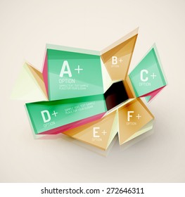 3d geometric shapes with sample text. Abstract template with place for text or infographic options. Triangles, squares, cubes, rectangles in glossy style. Vector illustration.