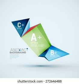 3d geometric shapes with sample text. Abstract template with place for text or infographic options. Triangles, squares, cubes, rectangles in glossy style. Vector illustration.