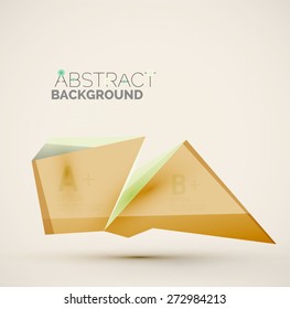 3d geometric shapes with sample text. Abstract template with place for text or infographic options. Triangles, squares, cubes, rectangles in glossy style. Vector illustration.