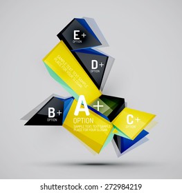 3d formas geométricas con texto de ejemplo. Plantilla abstracta con lugar para opciones de texto o infografía. Triángulos, cuadrados, cubos, rectángulos en un estilo brillante. Ilustración vectorial.